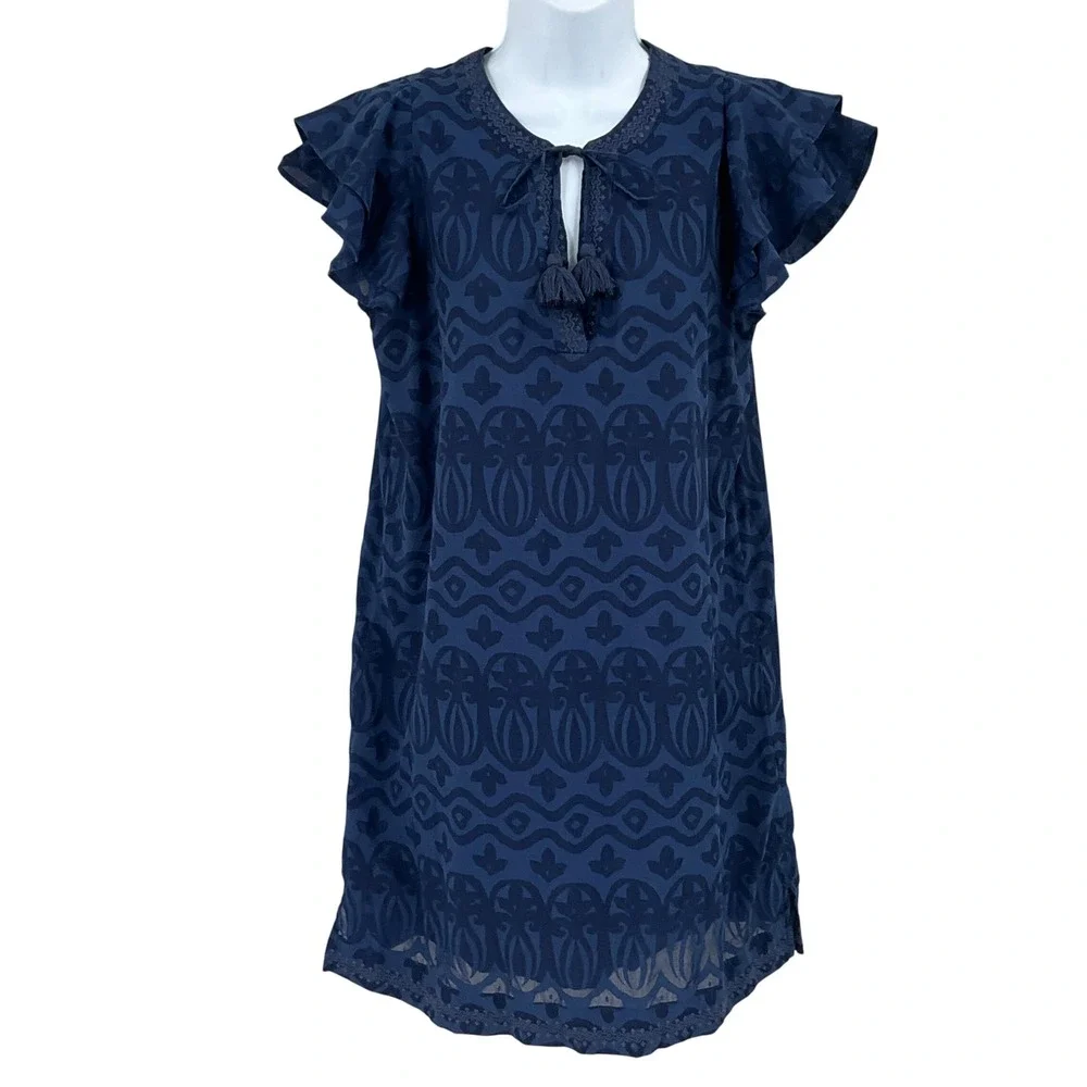 Vineyard Vines Shift Dress Womens S Navy Blue Boho Coastal Flutter Sleeve Tassel